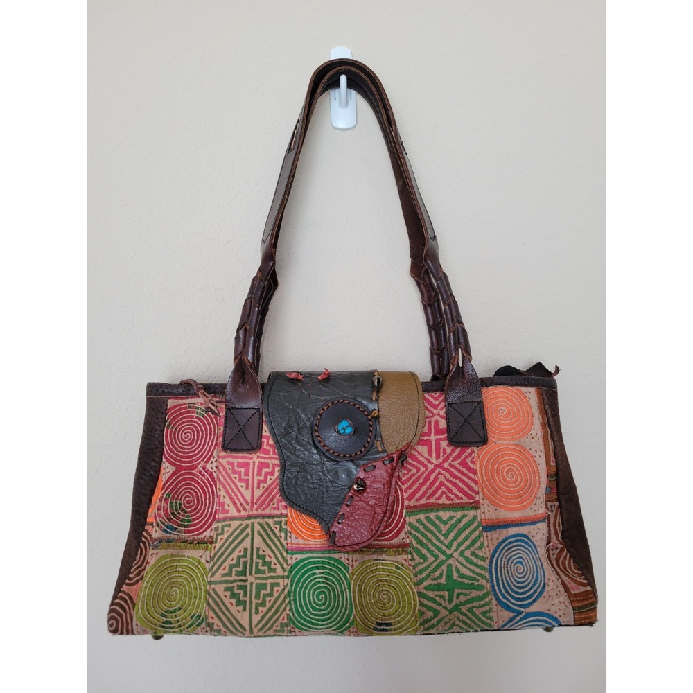 Vintage Y2K Shoulder Bag Baguette Hippie Geometric Boho Patchwork  Leather Strap